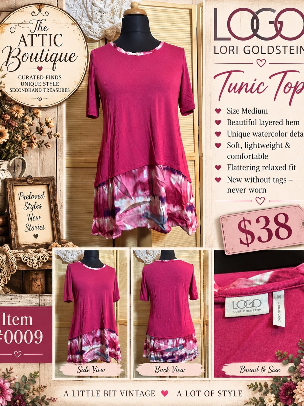LOGO by Lori Goldstein Magenta Layered Tunic with Watercolor Hem
